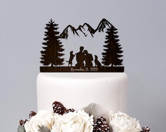 Wedding cake topper mountain theme, wood cake topper bride and groom with dogs, hiking cake topper, Personalized cake topper with mountains