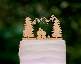 Mountain wedding cake topper, hiking cake topper, wedding cake topper mountain theme, bridal cake topper with mountains, Personalized Topper