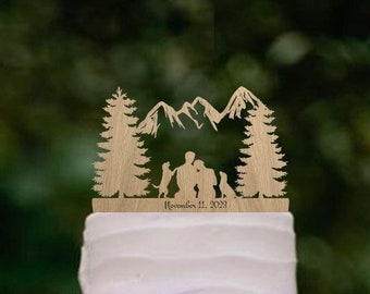 Mountain wedding cake topper bride and groom with dogs, hiking cake topper, rustic wedding decor, unique wood wedding cake topper