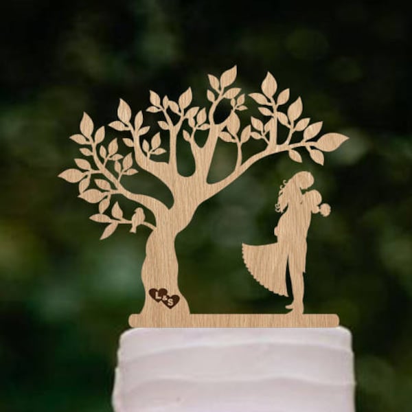 Wedding Cake Topper Mr and Mrs Topper Wood Cake Topper Rustic Cake Topper Silhouette Couple Topper Tree Wedding Cake Topper Initials Gold