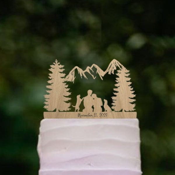 Mountain wedding cake topper bride and groom with dogs, hiking cake topper, rustic wedding decor, unique wood wedding cake topper