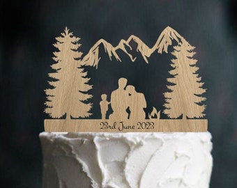 Mountain wedding cake topper, hiking cake topper, tree wedding cake topper with bride and groom,  custom wedding cake topper with kids