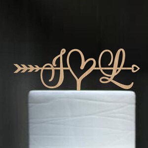 Initials Cake Topper Wedding Arrow Cake Topper Rustic Cake Topper Engagement Cake Topper Wedding Decoration Gold Cake Topper Wood Silver image 2