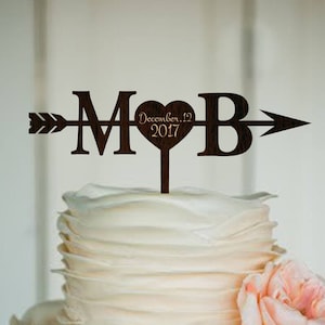 Initials Heart and Arrow Cake topper with date Rustic Cake Topper Engagement Cake Topper Wedding Decoration Gold Cake Topper Wood Silver image 1