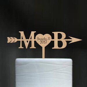 Initials Heart and Arrow Cake topper with date Rustic Cake Topper Engagement Cake Topper Wedding Decoration Gold Cake Topper Wood Silver image 2