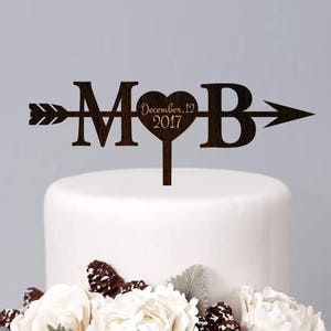 Initials Heart and Arrow Cake topper with date Rustic Cake Topper Engagement Cake Topper Wedding Decoration Gold Cake Topper Wood Silver image 3