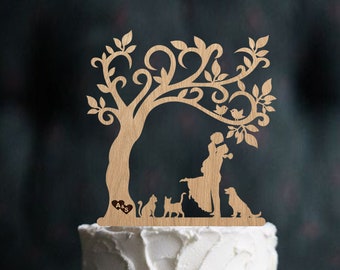 Wedding cake toppers with dog + cats Mr and Mrs cake topper Silhouette cake topper with two dogs Silhouette Groom and Bride custom topper