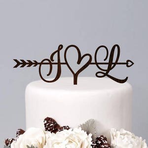 Initials Cake Topper Wedding Arrow Cake Topper Rustic Cake Topper Engagement Cake Topper Wedding Decoration Gold Cake Topper Wood Silver image 3