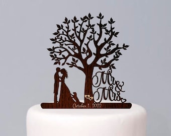 Silueta de topper de pastel Mr and Mrs Topper, Topper de pastel personalizado, Topper de pastel rústico, Topper de pastel de bodas de árbol con novio de novia, Topper de pastel de madera