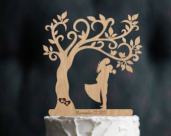 Wedding Cake Topper Mr and Mrs Topper Wood Cake Topper Rustic Cake Topper Silhouette Couple Topper Tree Wedding Cake Topper Wedding Date