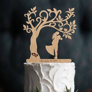 Wedding Cake Topper Mr and Mrs Topper Wood Cake Topper Rustic Cake Topper Silhouette Couple Topper Tree Wedding Cake Topper Wedding Date