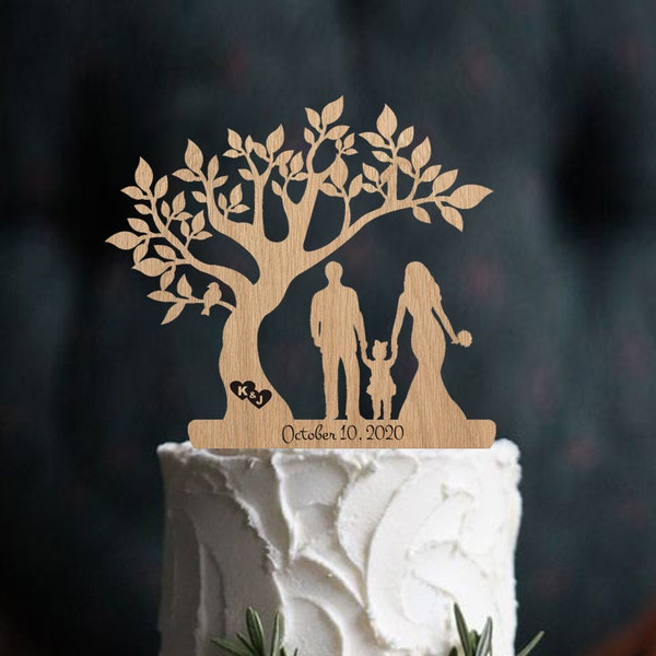 Wedding Cake Topper Bride Groom with Girl Silhouette Cake Topper Tree Personalized Wedding Topper Mr & Mrs Custom Wedding Couple Decoration