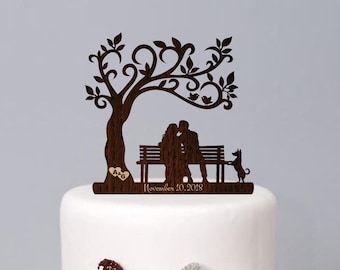 Mr and Mrs wedding cake topper with dog Bench Silhouette Wedding Cake Topper Wedding Decoration Funny Wedding Cake Topper Rustic cake topper