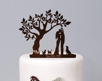 Wedding Cake Topper Mr and Mrs with Cat Dog Personalized Rustic Cake Topper Groom and Bride Silhouette topper Custom Cake Topper Wood Topper