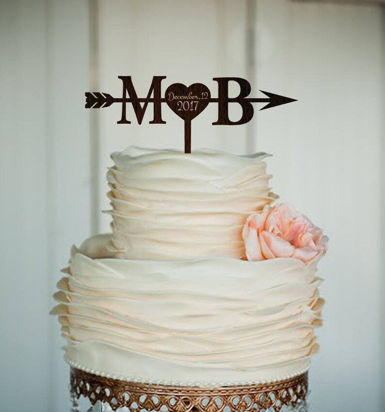 Initials Heart and Arrow Cake topper with date Rustic Cake Topper Engagement Cake Topper Wedding Decoration Gold Cake Topper Wood Silver image 1