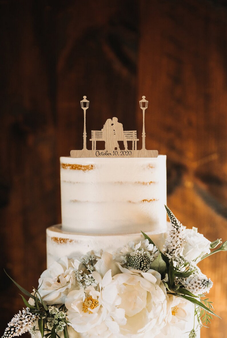 Rustic Wedding Cake Toppers Bride & Groom on Bench Mr and Mrs Cake ...
