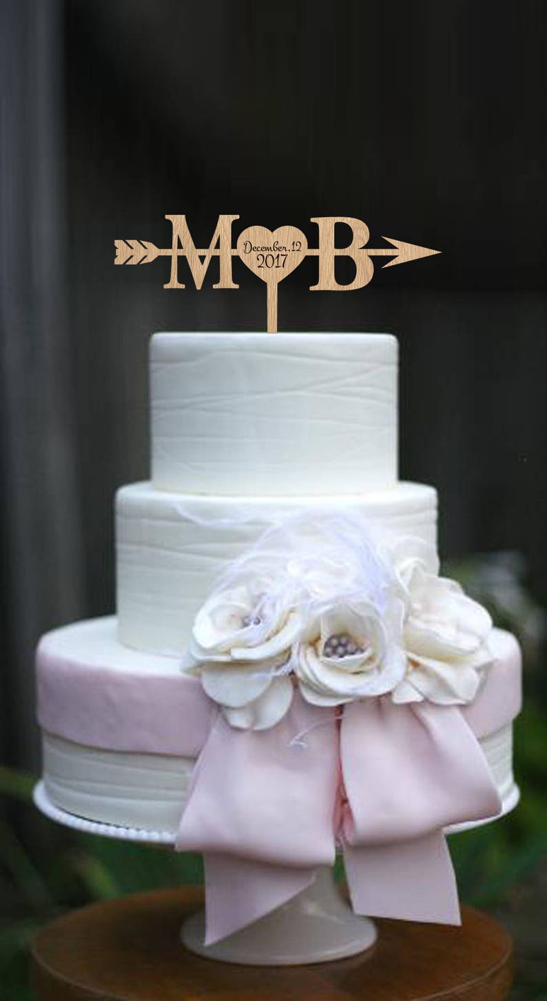 Initials Heart and Arrow Cake topper with date Rustic Cake Topper Engagement Cake Topper Wedding Decoration Gold Cake Topper Wood Silver image 2
