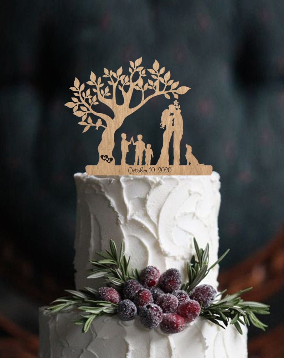 Silhouette Wedding Cake Topper Bride and Groom With Dog Children Rustic ...