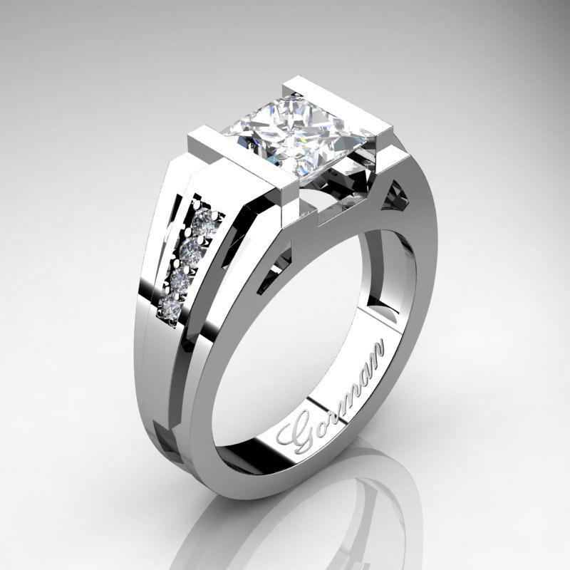 Mens Modern 14K White Gold 2.0 Carat Princess White Sapphire Diamond Ring  G1094P-14KWGDWS - Etsy