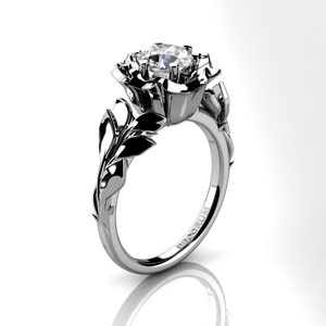 Gorman Floral 14K White Gold 1.0 Ct White Sapphire Leaf Vine and Rose Engagement Ring G1080-14KWGWS