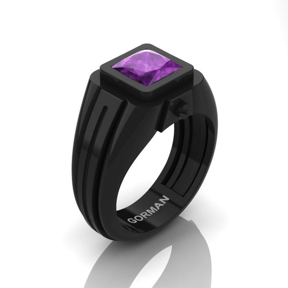 Man Wedding Ring 14K Black Gold 2.0 Ct Princess Amethyst Ring Band