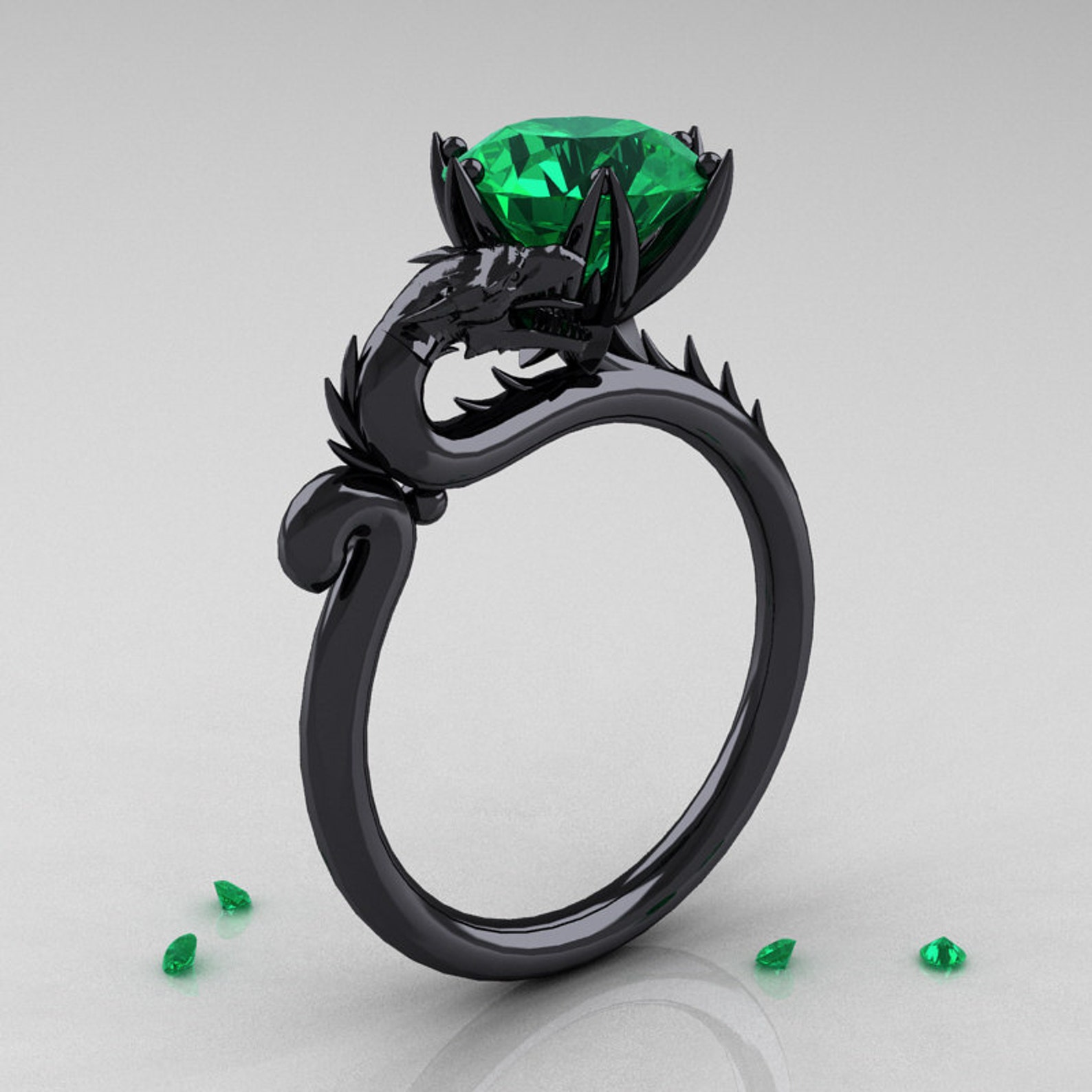 Decorum 14K Black Gold Emerald Dragon Engagement Ring Etsy