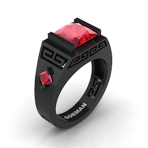 Mens Modern 14K Black Gold 3.0 Carat Princess Ruby Wedding Ring G1298-14KBGR