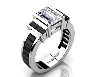 Decorum 14K White Gold 2.0 Ct Emerald and Baguette Cut White Sapphire Black Diamond Modern Engagement Ring G1089-14KWGBDWS