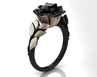 Gorman Floral 14K Black and Rose Gold 1.0 Ct Black Diamond Leaf Vine and Rose Engagement Ring G1080-14KBRGSBD