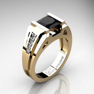 Mens Modern 14K Yellow Gold 2.0 Carat Princess Black and White Diamond Ring G1094P-14KYGDBD
