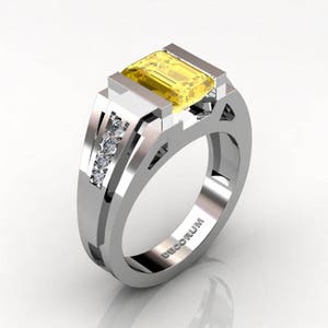 Decorum Mens 14K White Gold 3.0 Carat Emerald Cut Yellow Sapphire Diamond Modern Wedding Ring G1094E-14KWGDYS