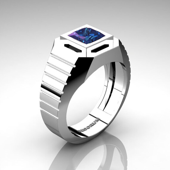 Mens Modern Classic 14K White Gold Ct Princess Alexandrite Wedding Ring