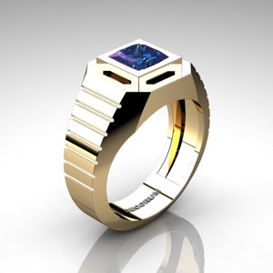 Mens Modern Classic 14K Yellow Gold 1.25 Ct Princess Alexandrite Wedding Ring