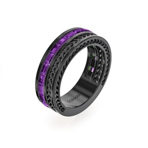 Mens 14K Black Gold Baguette Amethyst Wedding Band