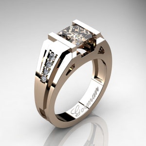Anello da uomo moderno in oro rosa 14 carati 2,0 carati Princess Champagne con diamanti G1094P-14KRGDCHD
