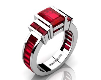 Decorum 14K White Gold 2.0 Ct Emerald and Baguette Cut Ruby Modern Engagement Ring G1089-14KWGR