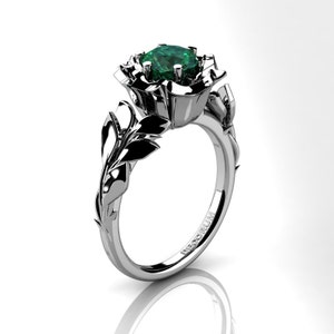 Gorman Floral 14K White Gold 1.0 Ct Emerald Leaf Vine and Rose Engagement Ring G1080-14KWGEM