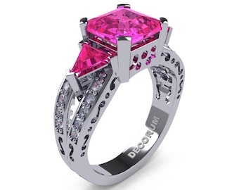 Engagement 14K White Gold 3.0 Ct Emerald Cut Pink Sapphire Diamond Modern Engagement Ring