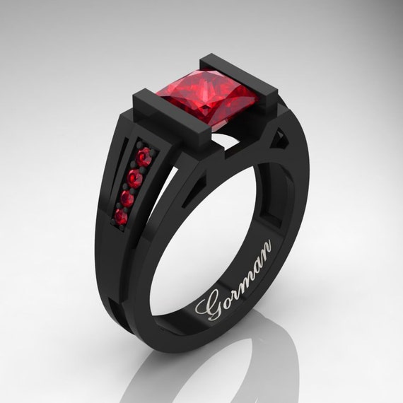 Man Wedding Ring 14K Black Gold 2.0 Carat Princess Ruby Ring | Etsy
