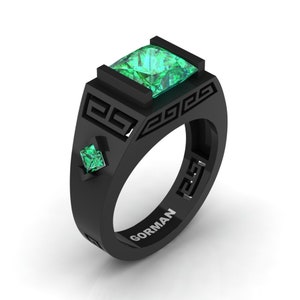 Anel de casamento masculino moderno 14K ouro preto 3.0 quilates princesa esmeralda G1298-14KBGEM