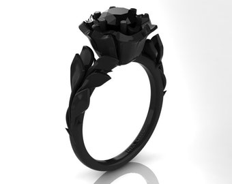 Decorum Floral 14K Black Gold 1.0 Ct Black Diamond Leaf Vine and Rose Engagement Ring G1080-14KBGSBD