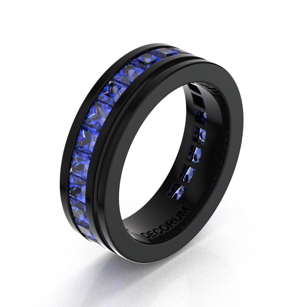 Man 14K Black Gold Channel Blue Sapphire Modern Wedding Ring - Etsy