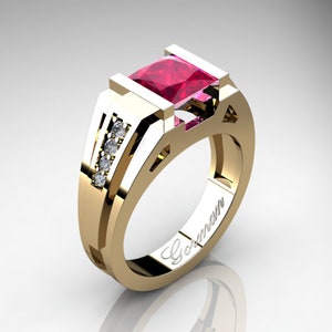 Mens Modern 14K Yellow Gold 2.0 Carat Princess Rose Ruby Diamond Ring G1094P-14KYGDRR