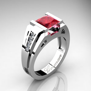 Mens Modern 14K White Gold 2.0 Carat Princess Ruby Diamond Ring G1094P-14KWGDR