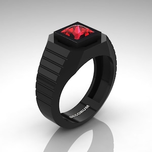 Mens Modern Classic 14K Black Gold 1.25 Ct Princess Ruby Wedding Ring