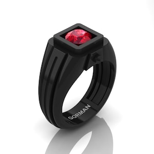 Man Wedding Ring 14K Black Gold Ruby Center Stone Ring Band