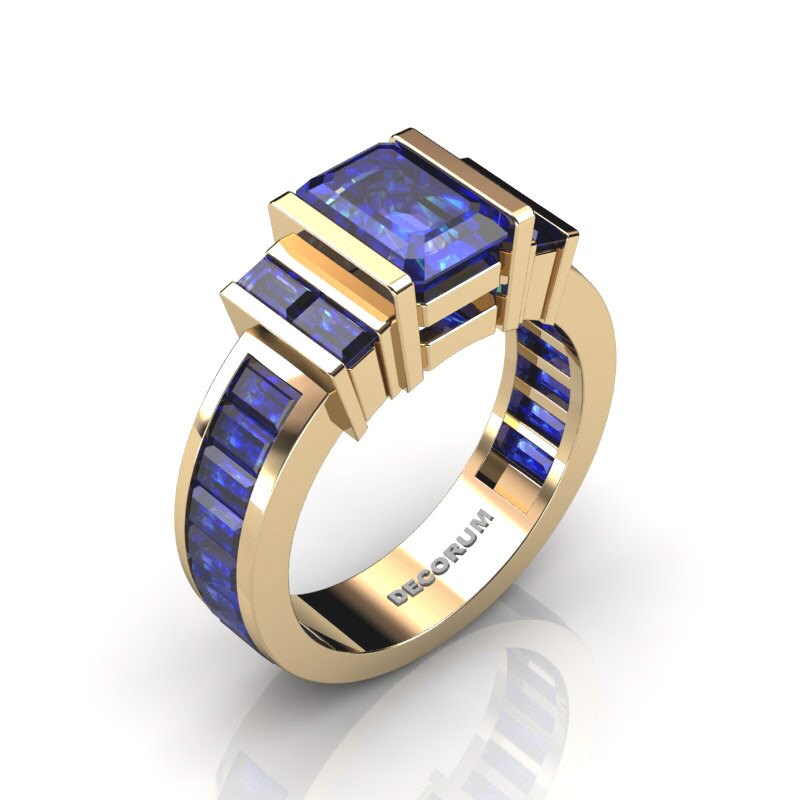 Decorum 14K Yellow Gold 2.0 Ct Emerald and Baguette Cut Blue Sapphire Modern Engagement Ring G1089-14KYGBS
