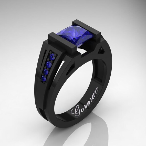 Mens black wedding band with blue sapphire best sale