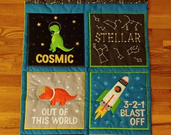 Cosmic Dinosaur Panel Quilted Wall Hanging w/ Brontosaurus, Pentaceratops, T - Rex, Constellations, Rocket, and Planets