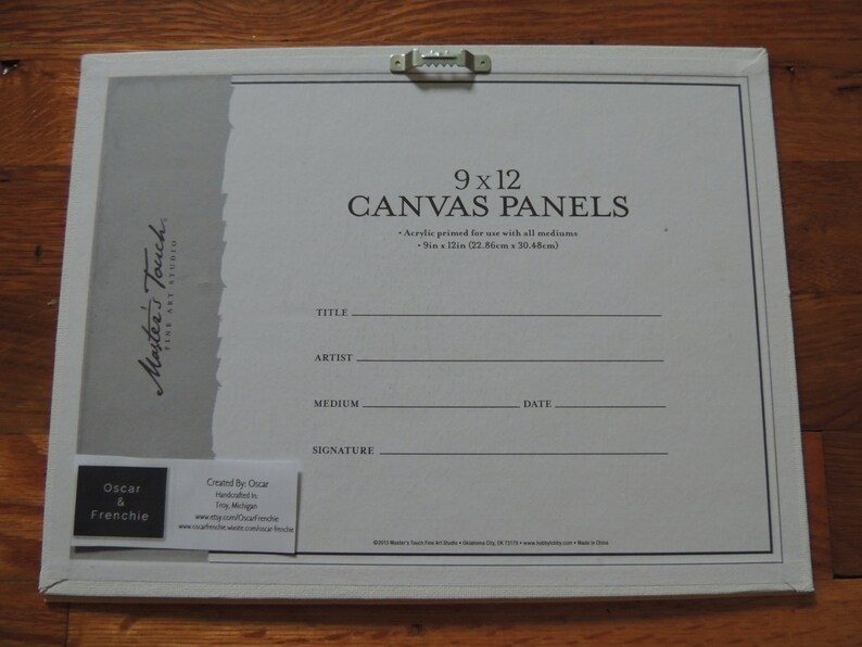 May include: A rectangular canvas panel, measuring 9 x 12 inches, with a white border and a metal hanger. The text "9 x 12 CANVAS PANELS" is printed on the canvas. Additional text includes "Master's Touch FINE ART STUDIO" and artist information.
